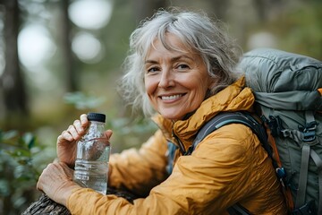 A woman is smiling and holding a bottle of water