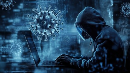 hacker working on laptop with coronavirus visuals