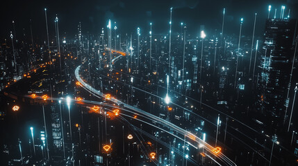 Smart digital Innovation city with connection network reciprocity over the cityscape. of future smart wireless digital city and social media networking systems that connects people with in city