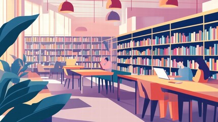Fototapeta premium modern library interior with students studying