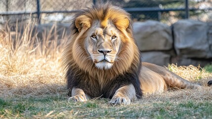 Obraz premium Majestic lion resting in a grassy enclosure.