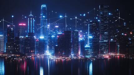 Fototapeta premium Smart digital Innovation city with connection network reciprocity over the cityscape. of future smart wireless digital city and social media networking systems that connects people with in city