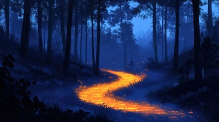 Obraz premium Illuminated pathway through enchanted forest nighttime mystique digital art serene environment captivating perspective