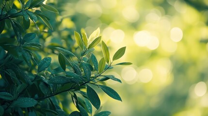 Obraz premium Close-up of vibrant green leaves bathed in sunlight, soft-focus bokeh background.