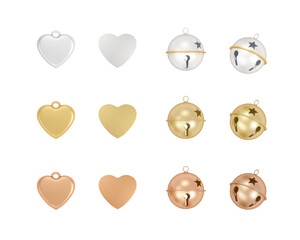 Traditional Christmas decoration gold, bronze and silver jingle bell and heart pendant