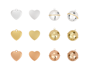 Traditional Christmas decoration gold, bronze and silver jingle bell and heart pendant