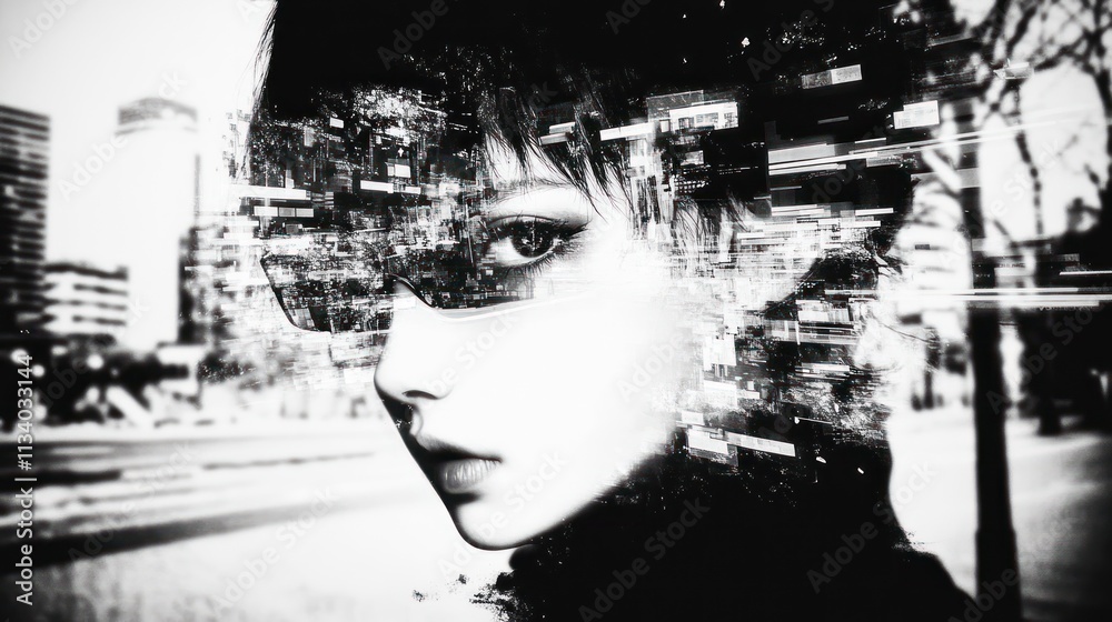 Poster a monochromatic digital portrait blending urban elements with a stylized figure.