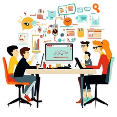 A group of businesspeople and software developers collaborating as a team in an office setting, working together to achieve common goals.