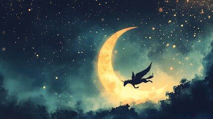 Naklejka premium Winged Unicorn Soaring Past Crescent Moon Night Sky