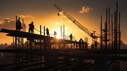 Construction Workers Silhouetted Against Sunset Sky