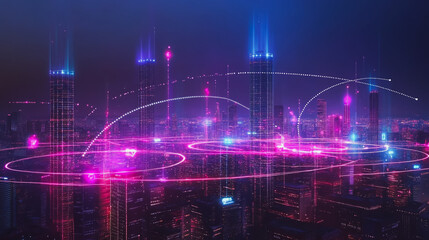 Fototapeta premium Smart digital Innovation city with connection network reciprocity over the cityscape. of future smart wireless digital city and social media networking systems that connects people with in city
