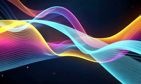 A series of colorful, flowing waves of light against a dark background. The waves are composed of bright, neon-like colors including yellow, blue, pink, and purple, creating a dynamic movements.