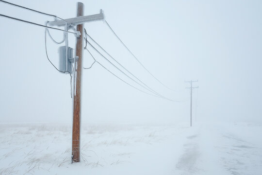 Snow-covered landscape with power lines amidst a blizzard in winter. Generative AI - Powered by Adobe