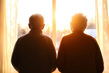 Two elderly people are sitting next to each other in a window