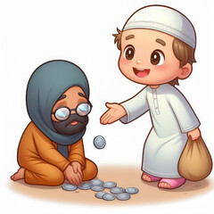 cartoon of a child giving money to a beggar