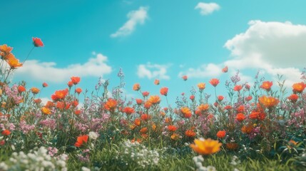 Vibrant Wildflower Field Under a Bright Blue Sky with Clouds