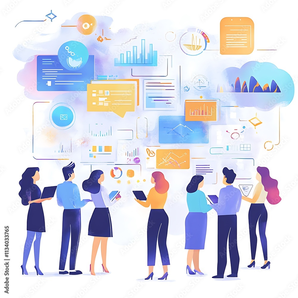 Poster Groups of businesspeople collaborating to analyze and plan marketing strategies for organizational success, set against a professional business background.