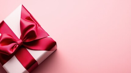 A beautifully wrapped gift with a striking red ribbon sits against a soft pink background, ideal for conveying themes of celebration, giving, and special occasions in marketing or design projects,