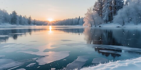Frozen Lake Scene representing Serenity, Reflection, Winter, Tranquility, Nature