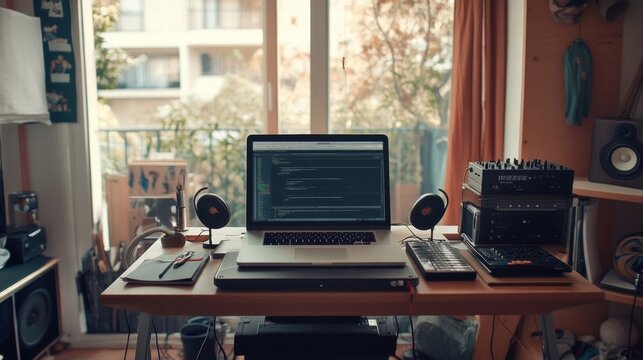 home music studio workspace with laptop and audio equipment