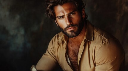handsome man with beard and tan shirt