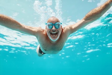 Naklejka premium A man in a swimsuit is swimming in the ocean with a big smile on his face
