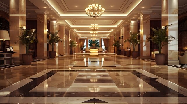 Elegant Hotel Lobby with Marble Flooring and Luxurious Chandeliers
