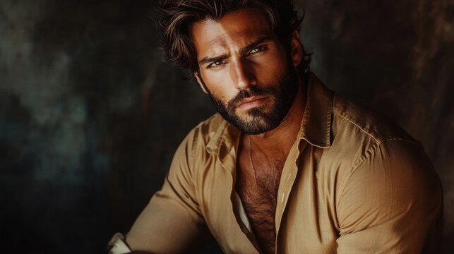 handsome man with beard and tan shirt