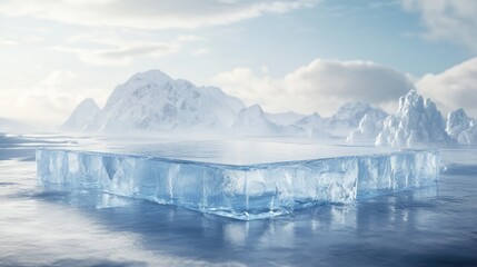 Stunning Ice Formation on Calm Water Surrounded by Majestic Mountains