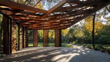 Obraz premium A unique outdoor pavilion with triangular overhangs and angular support beams, casting intricate patterns of light and shadow
