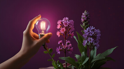 hand holding a bulb with flower on purple. Genrative.ai