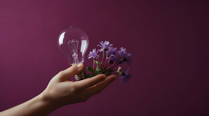 hand holding a bulb with flower on purple. Genrative.ai