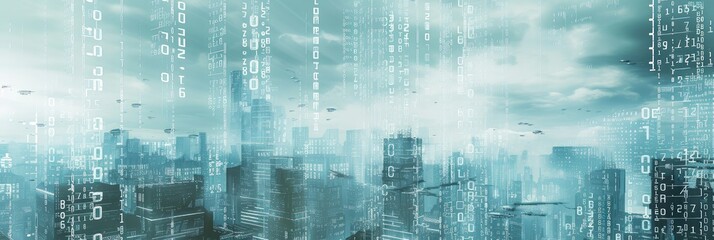 Obraz premium Digital Binary Code Over City Skyline Background