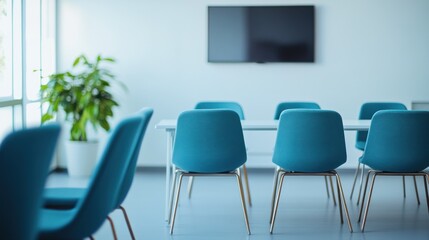 Modern meeting room with teal chairs and table, overlooking a bright window.