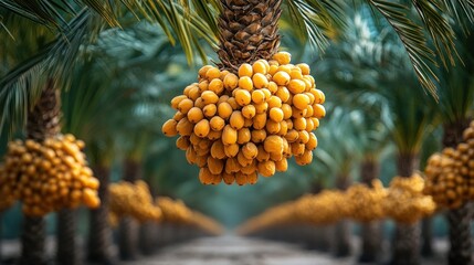 A row of date palm trees with clusters of ripe yellow dates hanging from the branches.