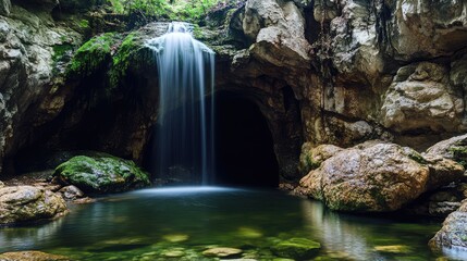 A waterfall cave structure, with a hidden entrance behind the cascading water, surrounded by rocks and greenery