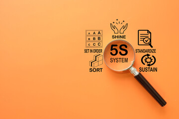 5S Methodology under magnifying glass with Sort Set Shine Standardize Sustain word and icon concept for Management, Lean Production Process,Productivity.