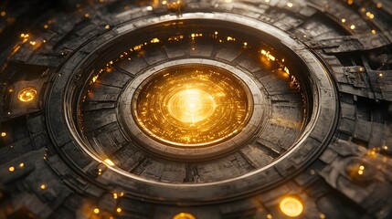 Obraz premium Close-up of a futuristic, circular, metallic device with glowing orange core.