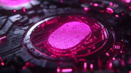 Close-up of a futuristic fingerprint scanner embedded in a complex technological device, glowing pink.