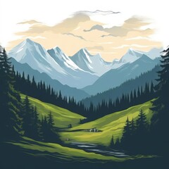 the AI Image Generator, Mountain Landscape With Pine Forest And Blue Sky Scenery