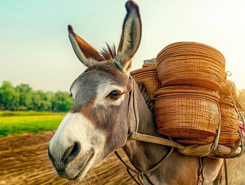 A close-up of a donkey with woven baskets on its back, standing in a lush green field under a clear sunny sky, evoking a sense of traditional rural life and hard work
