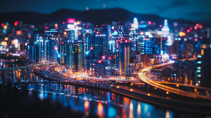 Smart digital Innovation city with connection network reciprocity over the cityscape. of future smart wireless digital city and social media networking systems that connects people with in city