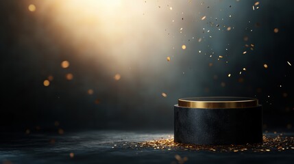A dark, moody background highlights a sleek podium, adorned with a golden rim, with scattered sparkles around it, perfect for showcasing awards, products, or special achievements in presentations,