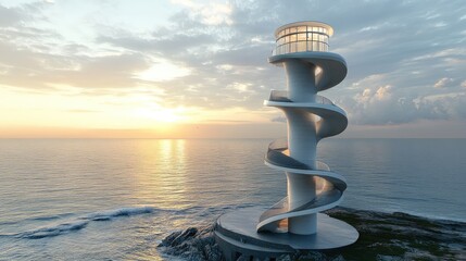 A wind-powered lighthouse with an eco-friendly design, featuring a spiral shape to reduce wind resistance and maximize efficiency