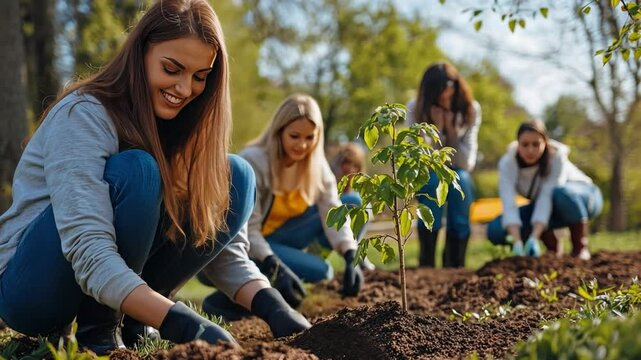 Planting Seeds of Change: A group of young women plant a tree together, showcasing their commitment to environmentalism and sustainability. Their smiles radiate hope and optimism for a greener future.