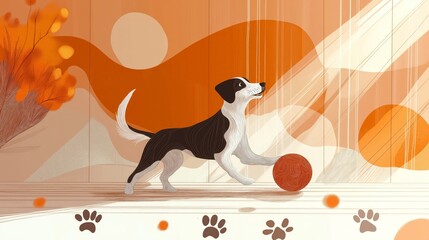 A flat illustration of a black and white dog retrieving a textured orange ball in a warm-toned abstract background with paw prints and dynamic light streaks