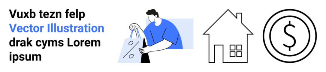 Man holding shopping bags, house outline, and dollar symbol. Ideal for e-commerce, real estate, financial services, online advertising, marketing campaigns, budget planning digital marketplaces