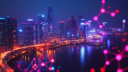 Fototapeta premium Smart digital Innovation city with connection network reciprocity over the cityscape. of future smart wireless digital city and social media networking systems that connects people with in city