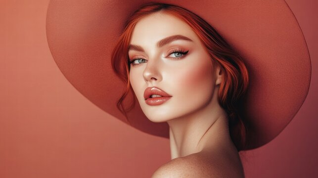 beautiful redhead woman in wide-brim hat