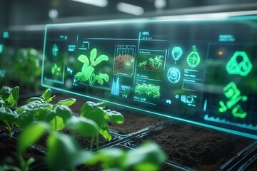 Futuristic Holographic Greenhouse Controls Dashboard with Advanced Soil Analysis and Crop Optimization Metrics